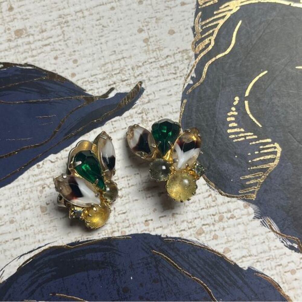 Estate Vintage Gold and Green multicolor Crystal Statement Earrings D3